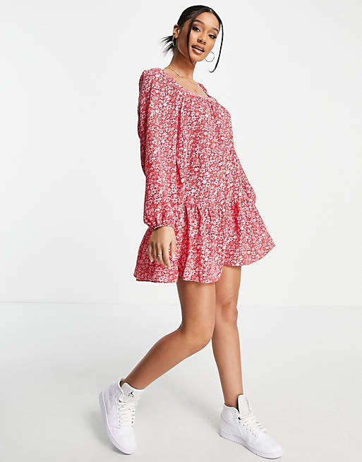 Dresses tiered trapeze mini smock dress in red and pink floral print 