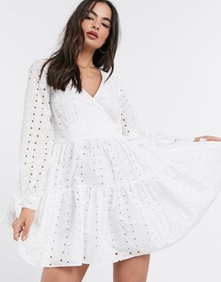 ASOS DESIGN tiered trapeze wrap mini dress in broderie in white