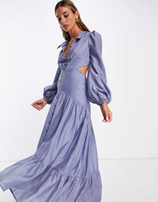 ASOS DESIGN tiered viole maxi dress with collar and button detail in blue