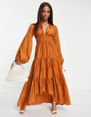 Asos Design Tiered Voile Maxi Dress With Ruched Strap Detailyellow
