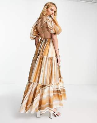 Asos Design Tiered Voile Maxi Dress With Twist Front Detail In Stripe-multi In Multi