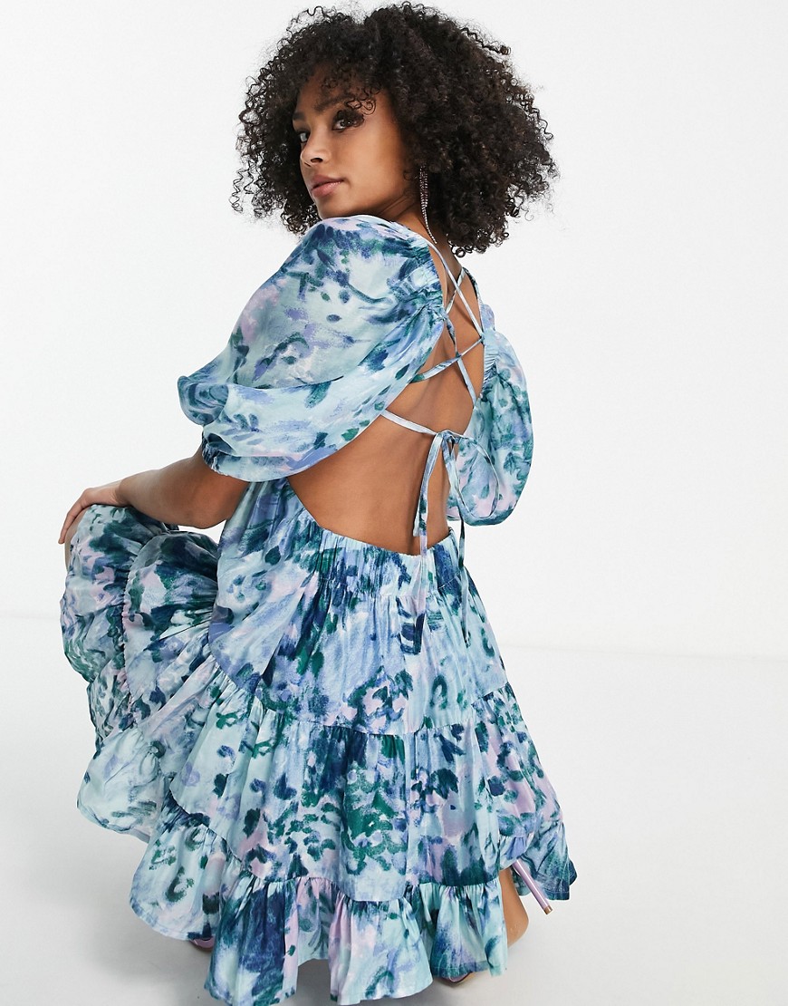 ASOS DESIGN tiered voile mini dress with twist front detail in abstract floral print-Multi