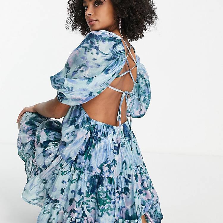 Voile mini dress with twist front in patched abstract floral print ASOS Damen Kleidung Kleider Bedruckte Kleider 