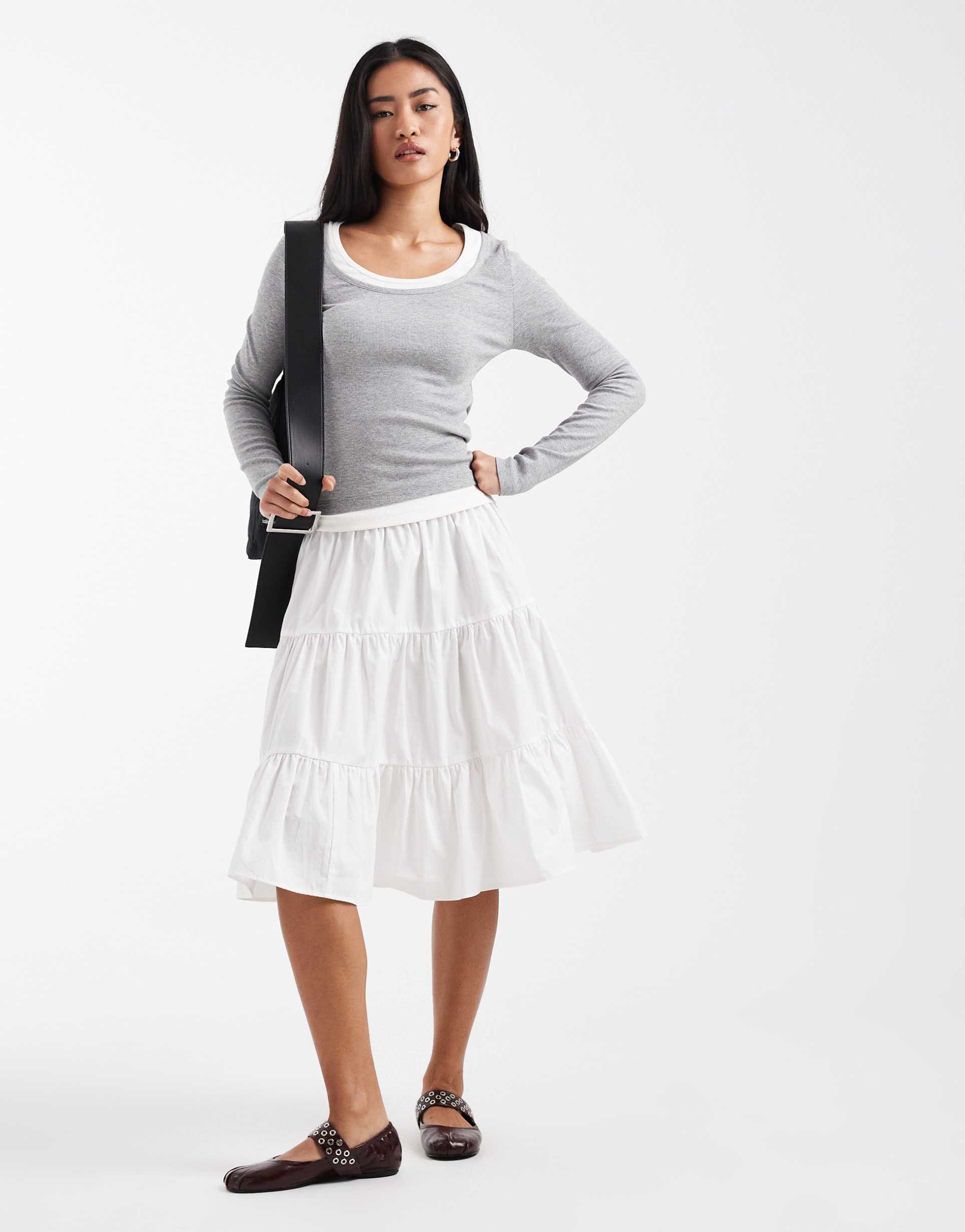 asos design tiered volume 90s midi skirt in ivory