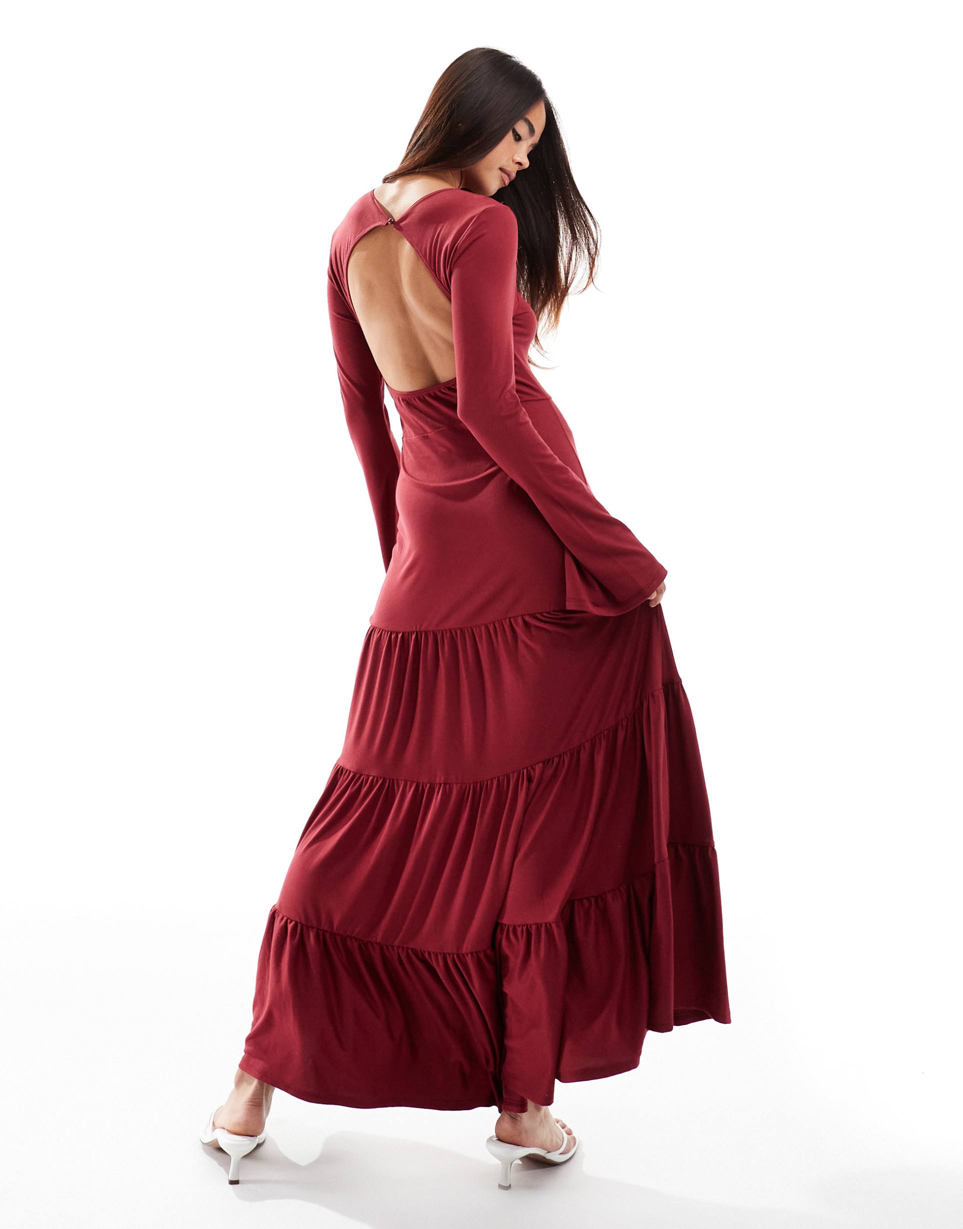 asos design tiered wide sleeve maxi dress in burgundy