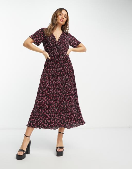 ASOS DESIGN tiered wrap front midi plisse dress in pink and black ditsy 