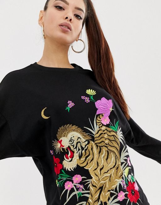embroidered tiger sweater dress