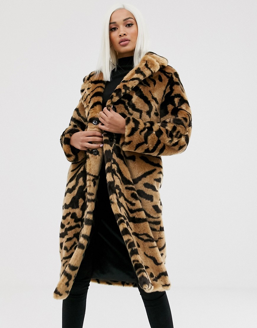 ASOS DESIGN tiger faux fur longline coat-Multi