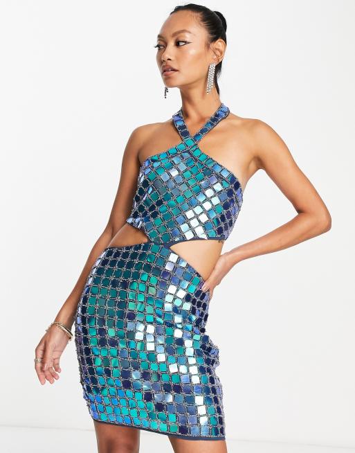 ASOS DESIGN disc sequin halter mini dress in blue