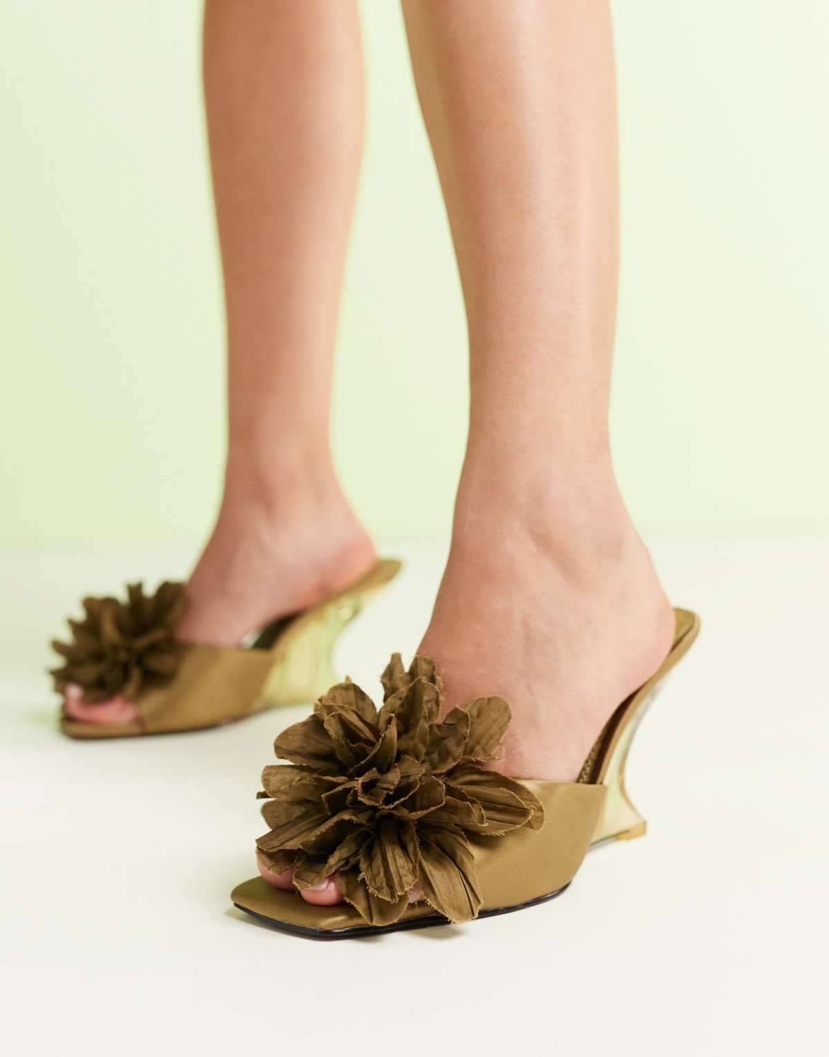 ASOS DESIGN Tilly mule wedge with corsage trim in olive