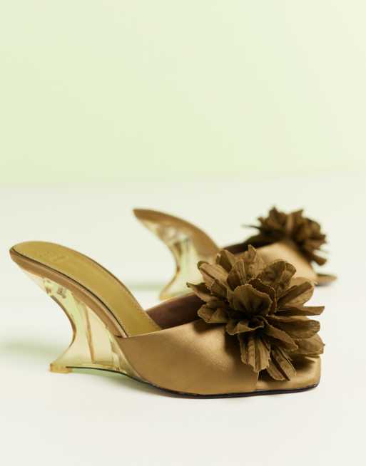 ASOS DESIGN Tilly wedge mules with corsage trim in olive