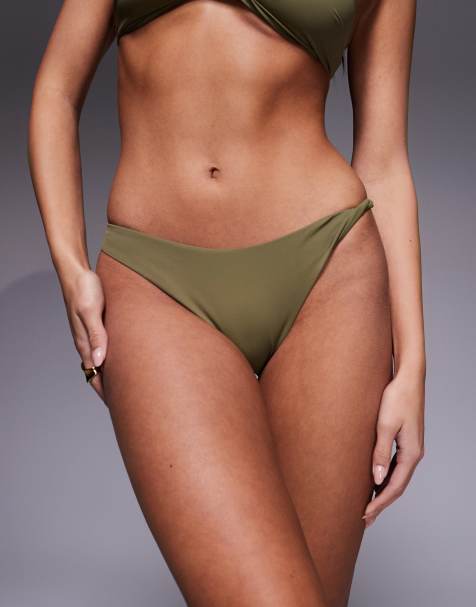 ASOS DESIGN – Tina Twisted Florida – Dół od bikini o fakturze papieru w kolorze khaki z wysokimi wycięciami - view 1