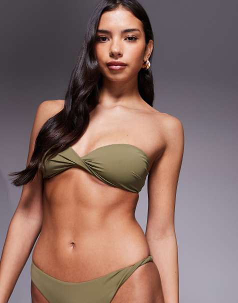 ASOS DESIGN Tina Twisted paper touch bandeau bikini top in khaki - view 1