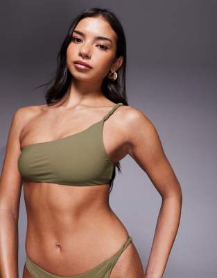 Asos Design Tina Twisted Paper Touch One-shoulder Crop Bikini Top In Green