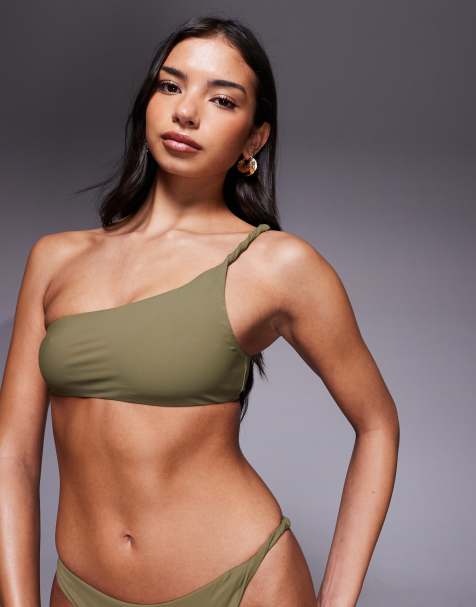 ASOS DESIGN Tina Twisted paper touch one shoulder crop bikini top in khaki