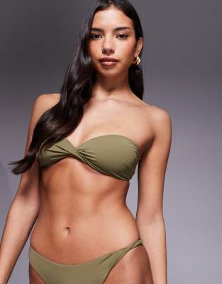 ASOS DESIGN - Tina Twisted - Trägerloses Bikinioberteil aus Papertouch-Material in Khaki-Grün