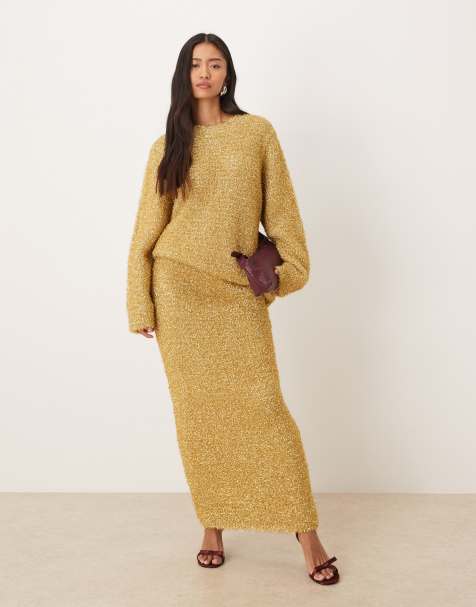 ASOS DESIGN tinsel oversized jumper and midaxi skirt set in gold - view 1