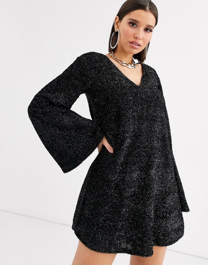 ASOS DESIGN tinsel smock mini dress with bell sleeves-Black