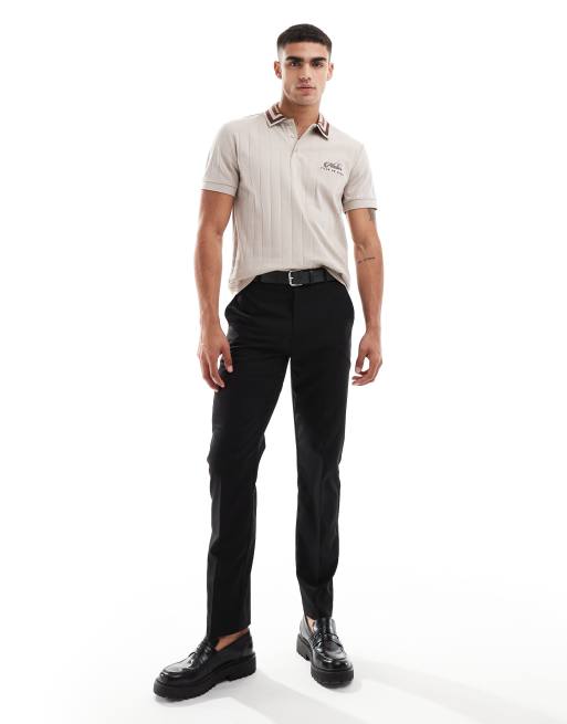 ASOS DESIGN tipped collar polo with chest embroidery in beige rib, 2 of 4