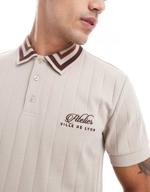 ASOS DESIGN tipped collar polo with chest embroidery in beige rib, 3 of 4