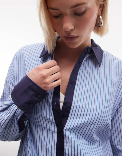 ASOS DESIGN tipped contrast shirt co-ord in blue stripe