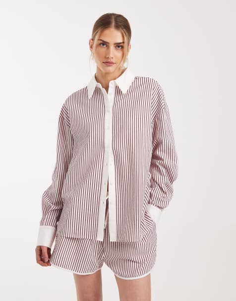 ASOS DESIGN tipped contrast shirt co-ord in pink stripe - view 1