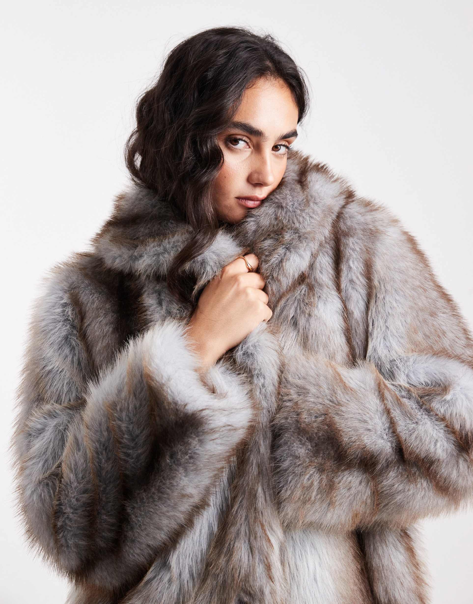 asos design tipped faux fur coat in blue and brown