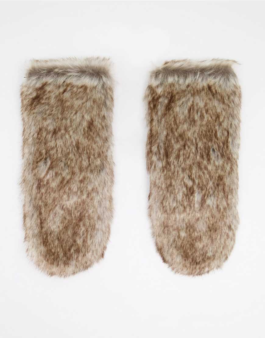 ASOS DESIGN tipped faux fur mittens in neutral