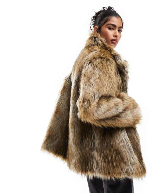 ASOS DESIGN Tall stand collar faux fur coat in brown