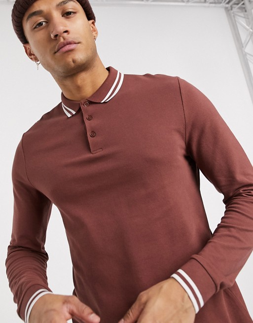 Asos Design Tipped Long Sleeve Pique Polo Shirt In Brown Asos