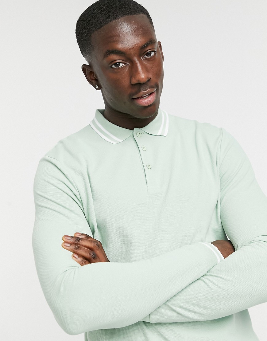 Asos Design Long Sleeve Polo Shirt In Pastel Green Pique With Rose Embroidery