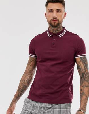 ASOS DESIGN tipped pique polo shirt in burgundy-Red