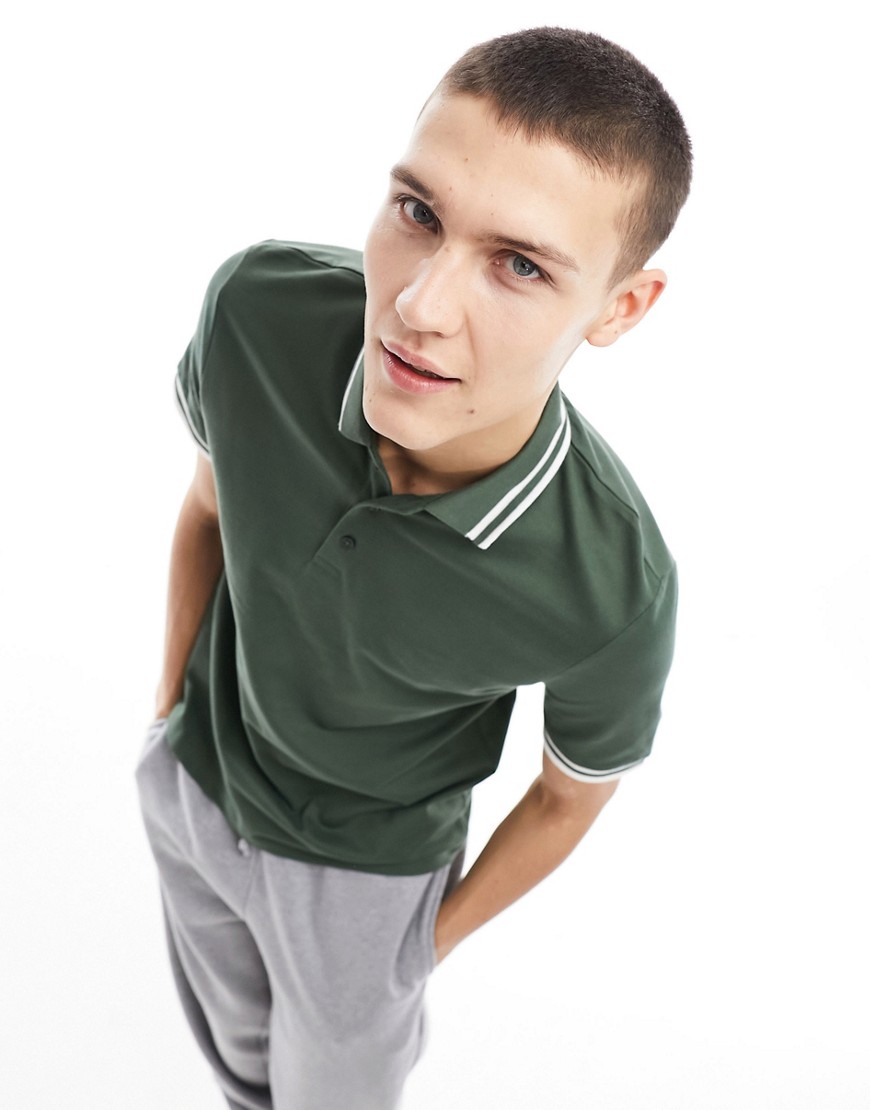 ASOS DESIGN tipped pique polo shirt in khaki-Green