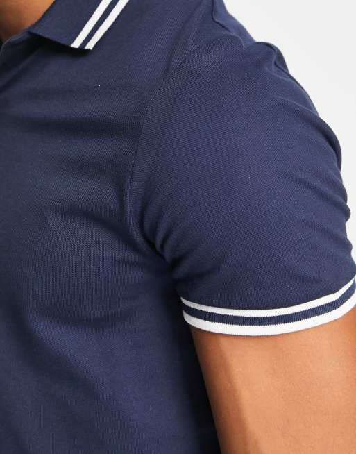 ASOS DESIGN tipped pique polo shirt in navy - NAVY, 3 of 4