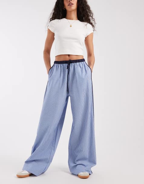 ASOS DESIGN tipped pull on trousers with tie in blue stripe - view 1