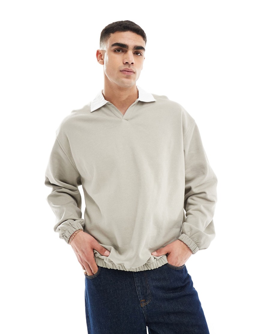 ASOS DESIGN tipped v neck polo with collar in stone-Neutral