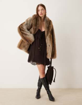 tipped vintage faux fur coat in brown mink