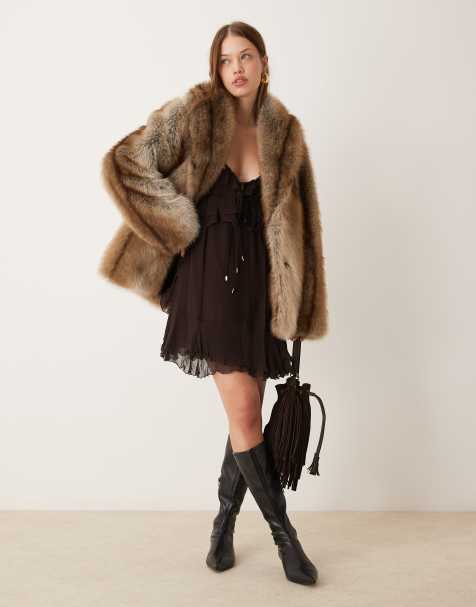 ASOS DESIGN tipped vintage faux fur coat in brown mink - view 1