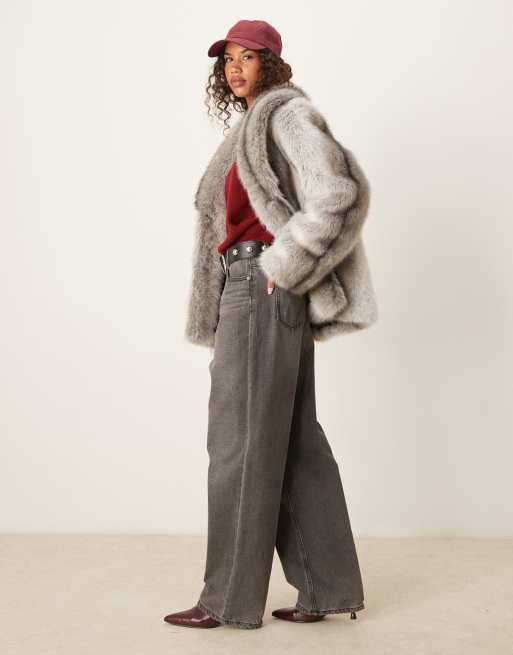 ASOS DESIGN tipped vintage faux fur coat in gray stripe, 4 of 4
