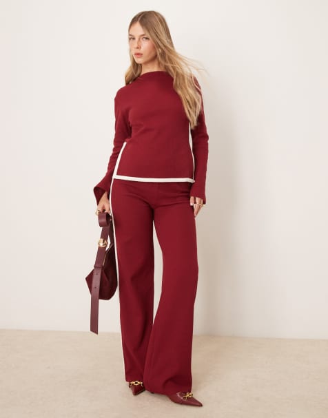 ASOS DESIGN tipped waffle co ord top and trouser co ord in burgundy - view 1
