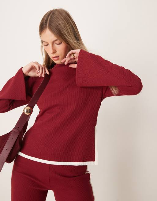 ASOS DESIGN tipped waffle top with flare sleeve in burgundy - part of a set