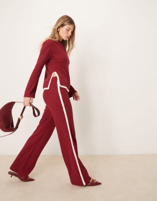 tipped waffle wide leg pants in burgundy - part of a set-Red