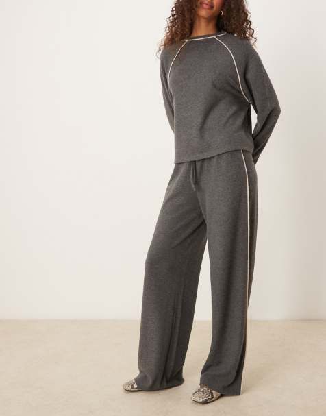 ASOS DESIGN tipping crew neck long sleeve super soft top and wide leg jogger in grey - view 1