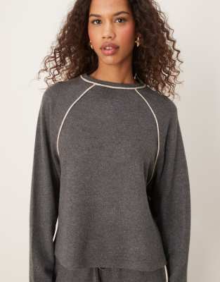 Asos Design Tipping Crew Neck Long Sleeve Super Soft Top In Gray