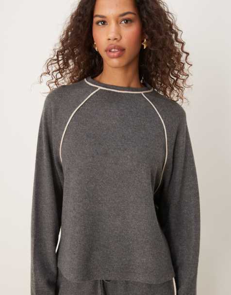 ASOS DESIGN tipping crew neck long sleeve super soft top in grey - view 1