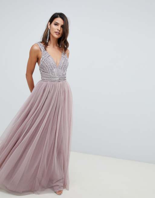 ASOS DESIGN - Tiulowa sukienka maxi z ozdobnym topem