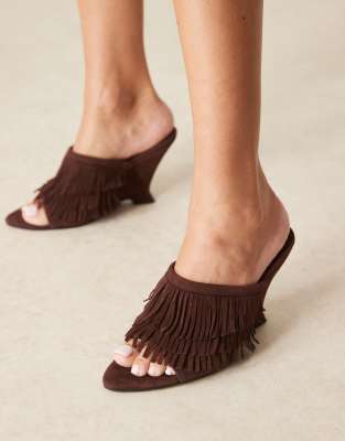 Asos Design Tizzy Real Suede Fringed Wedges In Brown
