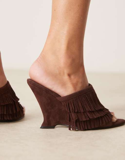 ASOS DESIGN Tizzy real suede fringed wedges in chocolate, 4 of 4