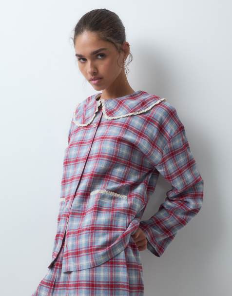 ASOS DESIGN tkany zestaw piżamowy z długim rękawem i kołnierzem z falbanką we wzór w kratę - view 1
