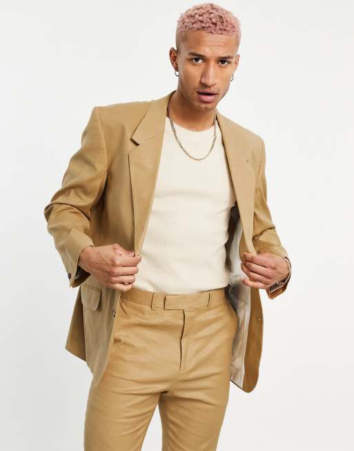 ASOS DESIGN – Tobaksfärgad kavaj i oversize och linneblandat tyg, del av kostym